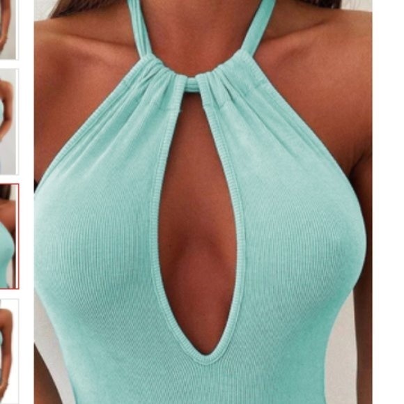 Sky Blue Keyhole Halter Ribbed Bodysuit - Picture 9 of 10